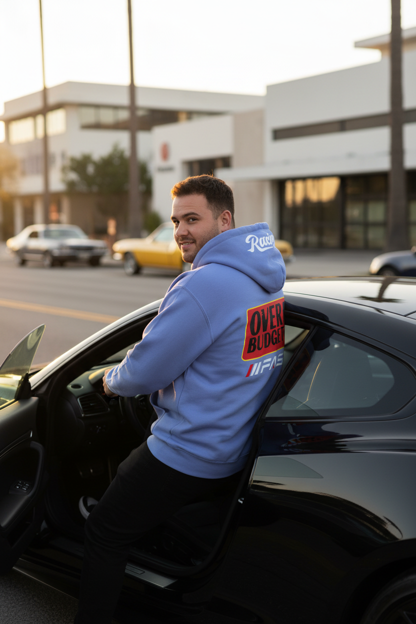 Chubby male model in Overbudget Fasta hoodie getting into a sports car